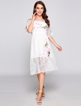 

Off The Shoulder Embroidery Lace Patchwork Dress, Multicolor