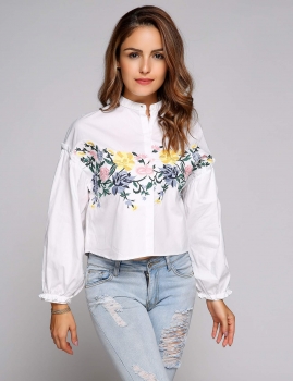 

White Floral Embroidery Long Lantern Sleeve Button Down Shirt, Multicolor