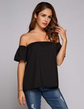

Black Elastic Off the Shoulder Short Sleeve Solid Tops, Multicolor