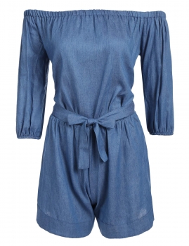 

Light blue 3"4 Sleeeve Off The Shoulder Belted Wasit Romper, Multicolor