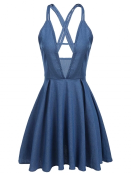 

Plunging Collar Backless Jean Skater Mini Dress, Multicolor