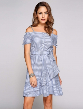 

Spaghetti Strap Stripes Ruffle-Trimmed Belted Dress, Multicolor