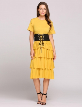 

Short Sleeve Lace Up Belt Ruffles Cake Dress, Multicolor