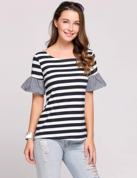 

Black Striped Ruffle Sleeve Patchwork O-Neck Soft T-shirts, Multicolor