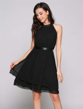 

Black Sleeveless Solid Chiffon Belted A-Line Dress, Multicolor