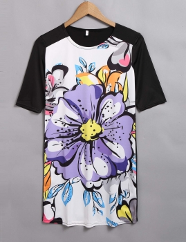 

Short Sleeve O Neck Print Patchwork Tee Dress, Multicolor
