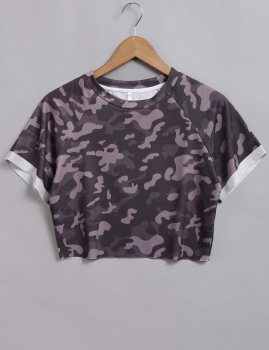 

Dark Grey Camouflage O-Neck Short Sleeve Cotton Crop Top, Multicolor