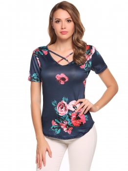 

Blue Front Cross V-Neck Short Sleeve Floral T-shirt, Multicolor