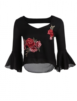 

Black Applique V-neck 3"4 Flare Sleeve Chiffon Loose Tops, Multicolor