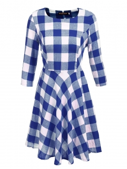 

3"4 Sleeve Round Neck Checks A-Line Dress, Multicolor