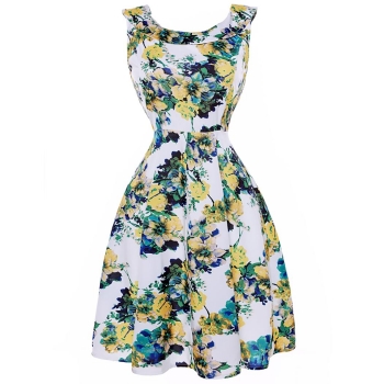 

Mono Style Boat Neck Sleeveless Floral Print Slim Casual Swing Dress, Multicolor