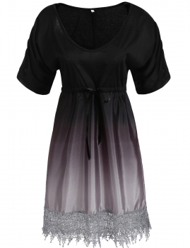 

Black V-neck Patchwork Drawstring Ombre A-line Dress, Multicolor