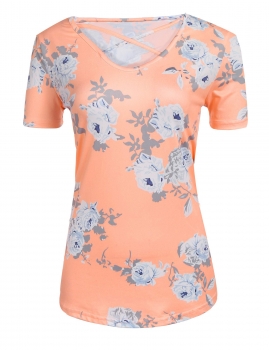 

Pink Short Sleeve V-neck Floral Print Slim T-shirt, Multicolor