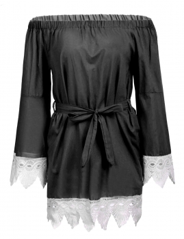 

Black Casual Off the Shoulder Long Sleeve Lace Sexy Dress with Belt, Multicolor