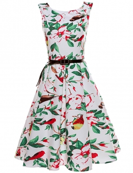 

Green Vintage Style Sleeveless Floral Belted Swing Dress, Multicolor