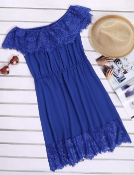 

Off The Shoulder Pleated Lace Trimmed Hem Dress, Multicolor