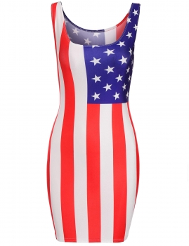 

Red Scoop Neck American Flag Stars And Stripes Print Dress
