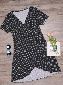

Black Surplice Neck Asymmetrical Hem Dot Dress, Multicolor