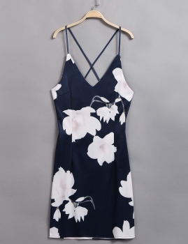 

Blue Spaghetti Strap Floral Cut Out Back Mini Dress, Multicolor