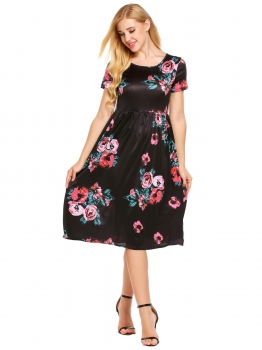 

Black O-Neck Short Sleeve Floral Casual Dress, Multicolor
