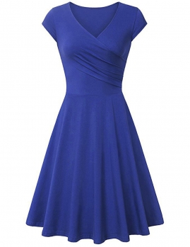 

Blue Casual Wrap Front V-Neck Short Sleeve Solid A-Line Short Dress, Multicolor