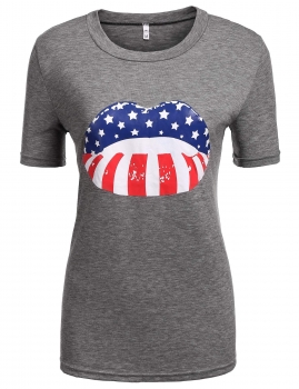 

Grey Lip Shape American Flag Printed Short Sleeve T-Shirt, Multicolor