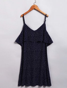 

Dark blue Dot Ruffled Trim Spaghetti Strap Shift Mini Dress, Multicolor
