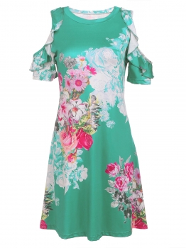 

Cold Shoulder Ruffled Sleeve Floral Shift Dress, Multicolor