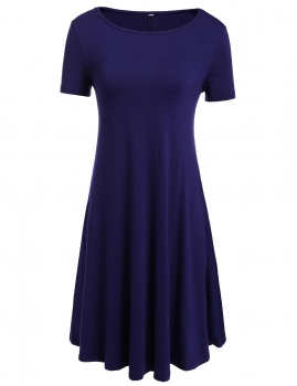 

Blue Round Collar Short Sleeve Solid Shift Dress, Multicolor