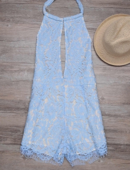 

Blue Sleeveless Backless Halter Solid Keyhole Lace Rompers, Multicolor