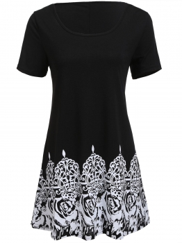 

Black O-Neck Short Sleeve Print Loose Fit Tunic Tops, Multicolor