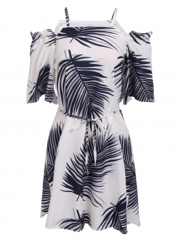 

Spaghetti Strap Belted Short Sleeve Print Dress, White