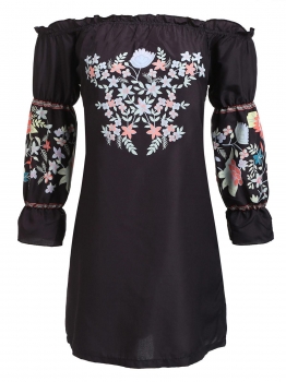 

Off Shoulder Lantern Sleeve Embroidered Dress, Multicolor