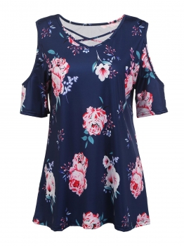 

Navy blue Flower Print Cold Shoulder Cross Bandage V-Neck Tops, Multicolor