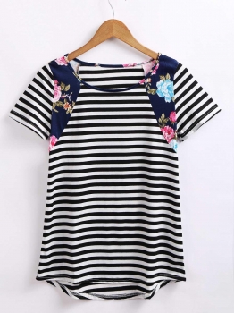

Stripes Floral Patchwork Short Sleeve T-Shirt, Multicolor