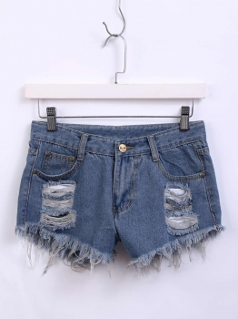

High Waist Holes Distressed Burrs Hem Denim Shorts, Multicolor