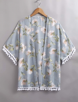 

Blue Printed Floral Half Sleeves Fringe Beach Loose Kimono, Multicolor