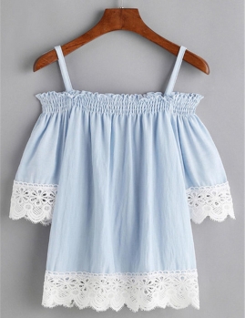 

Light blue Spaghetti Strap Lace Patchwork 3"4 Sleeve Tops, Multicolor