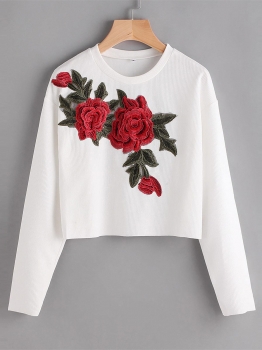 

White O-Neck Long Sleeve Embroidery Applique Slim Fit Crop Top, Multicolor