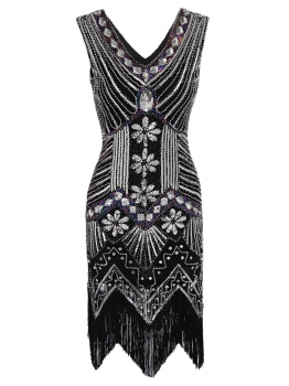 

1920s Style Beaded Sequined Deco Fringe Flapper Gatsby Dress, Multicolor