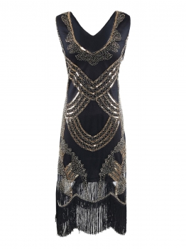 

1920s Style Vintage Mesh Patchwork Sequines Fringe Flapper Dress, Multicolor