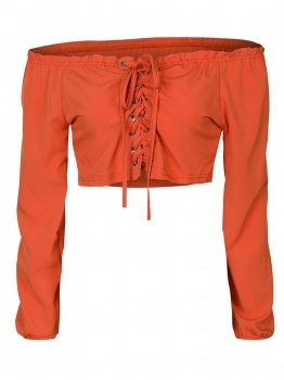 

Orange Women Sexy Off Shoulder Long Sleeve Criss Cross Lace Up Solid Crop Tops, Multicolor