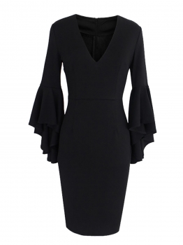 

Black Deep V-Neck Flare Sleeve Solid Bodycon Going Out Dress, Multicolor