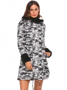 

Dark gray Camouflage Hooded Long Sleeve Floral Fleece Slim Waist Parka Coat, Multicolor