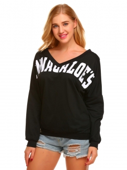 

Black Women Casual V Neck Long Sleeve Front Printed Loose Sweatershirt, Multicolor