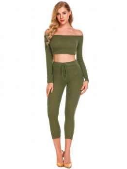 

Army green Women Casual Knit Slash Neck Crop Tops with Elastic Waist Long Pants Sets, Multicolor