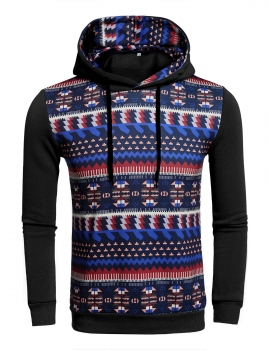 

Black Men Casual Long Sleeve Geometric Patchwork Hooded Sweatshirt Pullover Hoodies, Multicolor