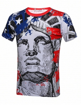 

The Statue of Liberty Face Printed Round Neck Short Sleeve T-Shirt, Multicolor