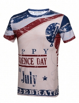 

Independence Day Letter Printed Round Neck Short Sleeve T-Shirt, Multicolor