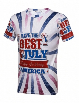 

Happy Birthday America Letter Printed Round Neck Short Sleeve T-Shirt, Multicolor